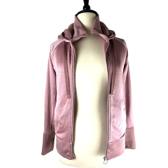 Athleta Triumph Rose Pink Luxe Shine Women Sherpa Lined Hoodie Jacket, Medium - Picture 2 of 16